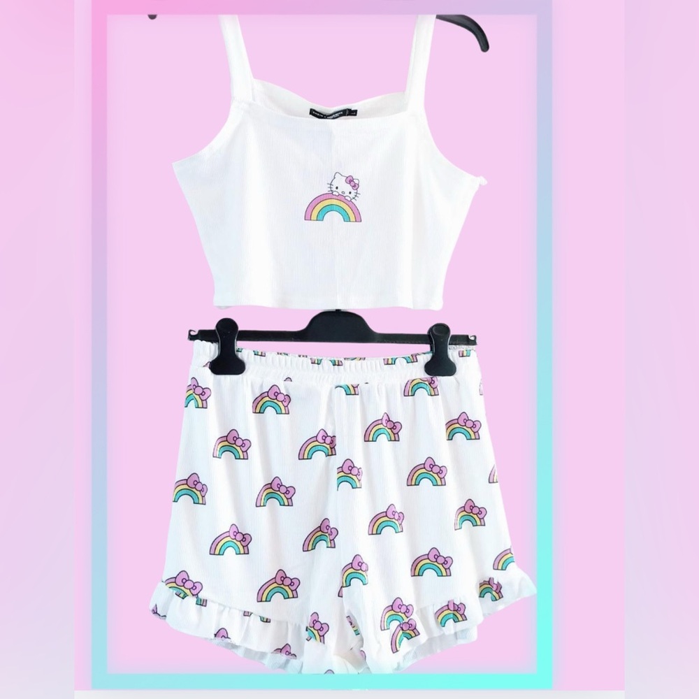 White Hello Kitty rainbow ruffle shorts and top pajama set.
